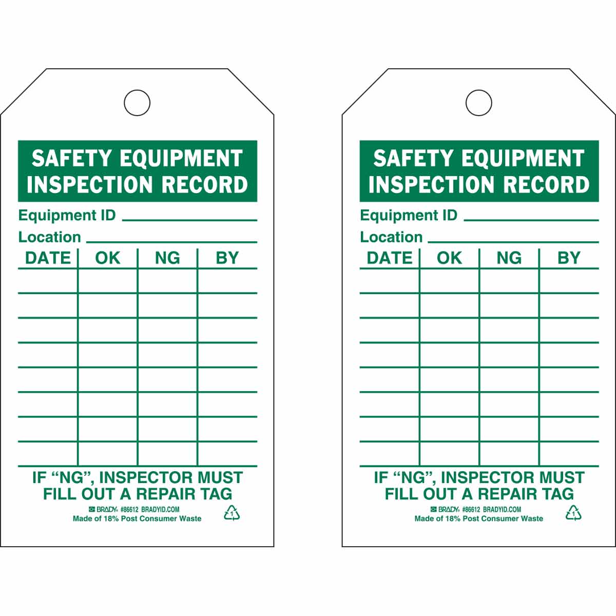 Safety Equipment Inspection Record Tags