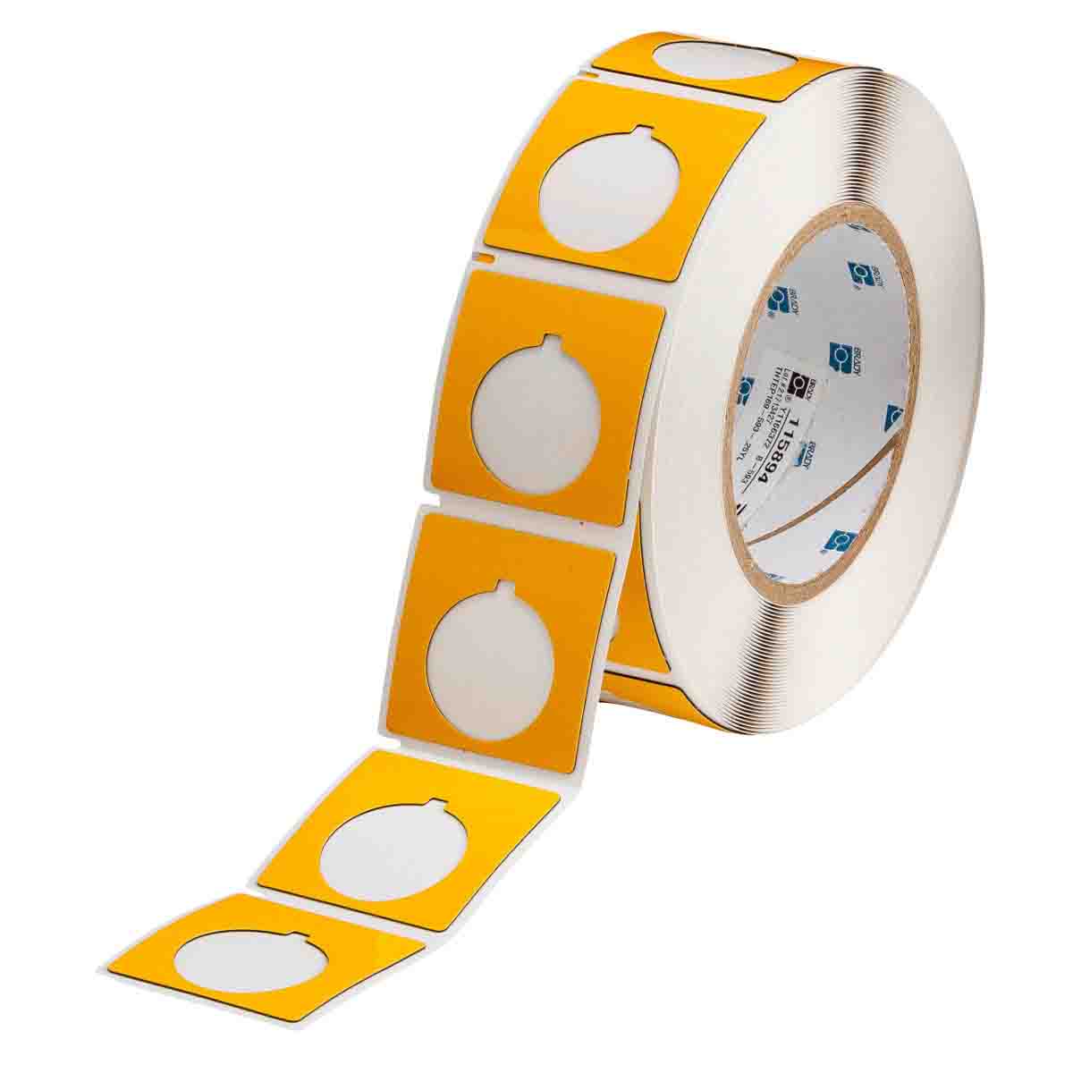 Raised Panel Labels, Circular Hole with Notch Push Button, for 3" Core Printers - 1.8" x 1.8", Yellow