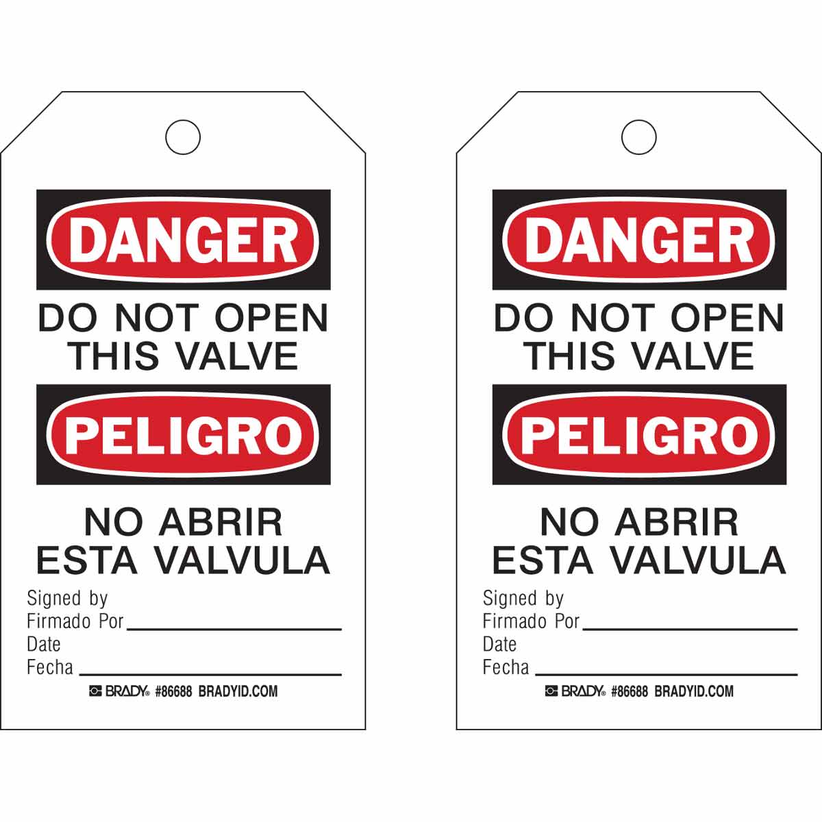 Bilingual Accident Prevention Tags: DANGER Do Not Open This Valve