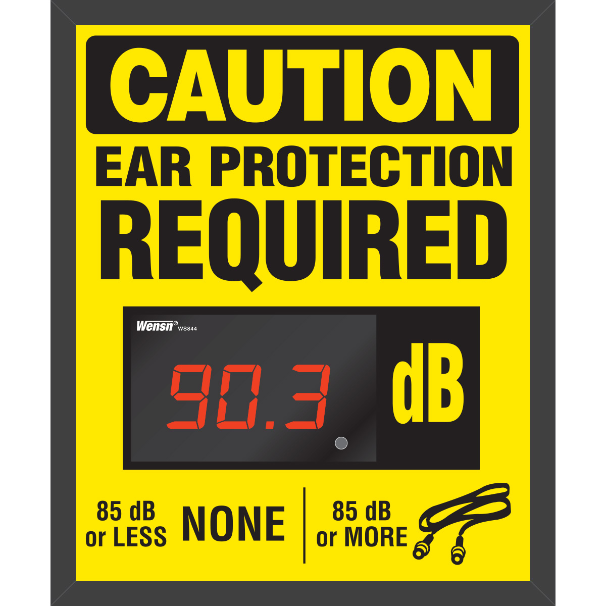 Decibel Status Sign - CAUTION EAR PROTECTION REQUIRED 85 DB OR LESS NONE 85 DB OR MORE, Ear Plug Picto - Mounting Holes